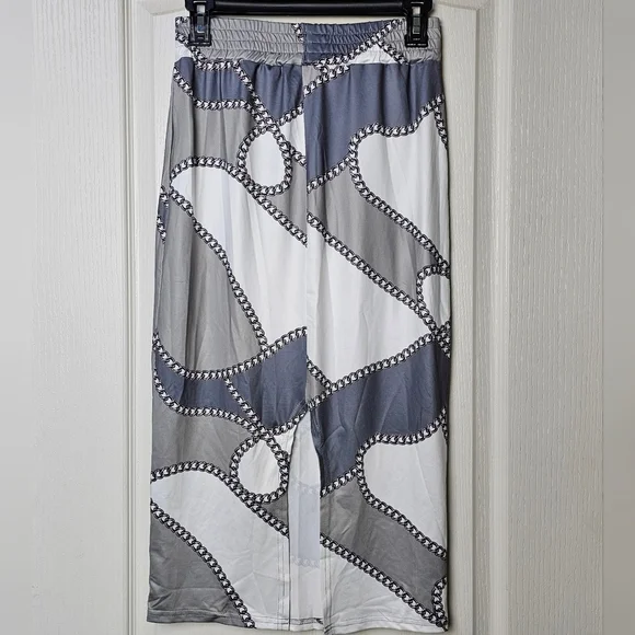 CHICME Womens 2pc Long Sleeve Top, Chain Print Color Block Skirt Sage Gray White - Picture 5 of 11